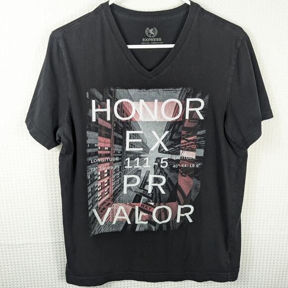 Express Men’s M Black Graphic V-Neck T-Shirt 100% Peruvian Cotton Valor Print - Picture 1 of 5